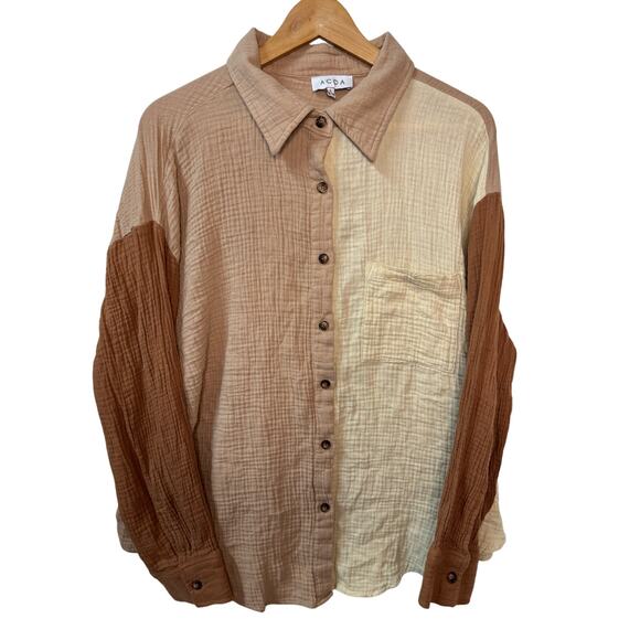 ACOA Colorblock Button Down Shirt Size L Cotton Minimalist Neutral Capsule - Picture 1 of 11